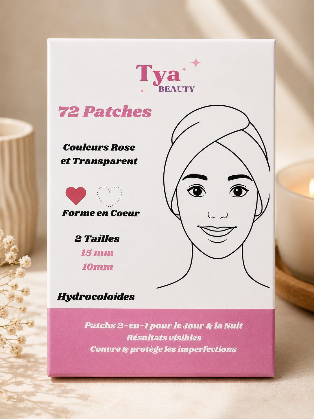 Tya Beauty — Patch Anti-Acné Cœur Hydrocolloïde 72 patches, rose et transparent, 15mm et 10mm